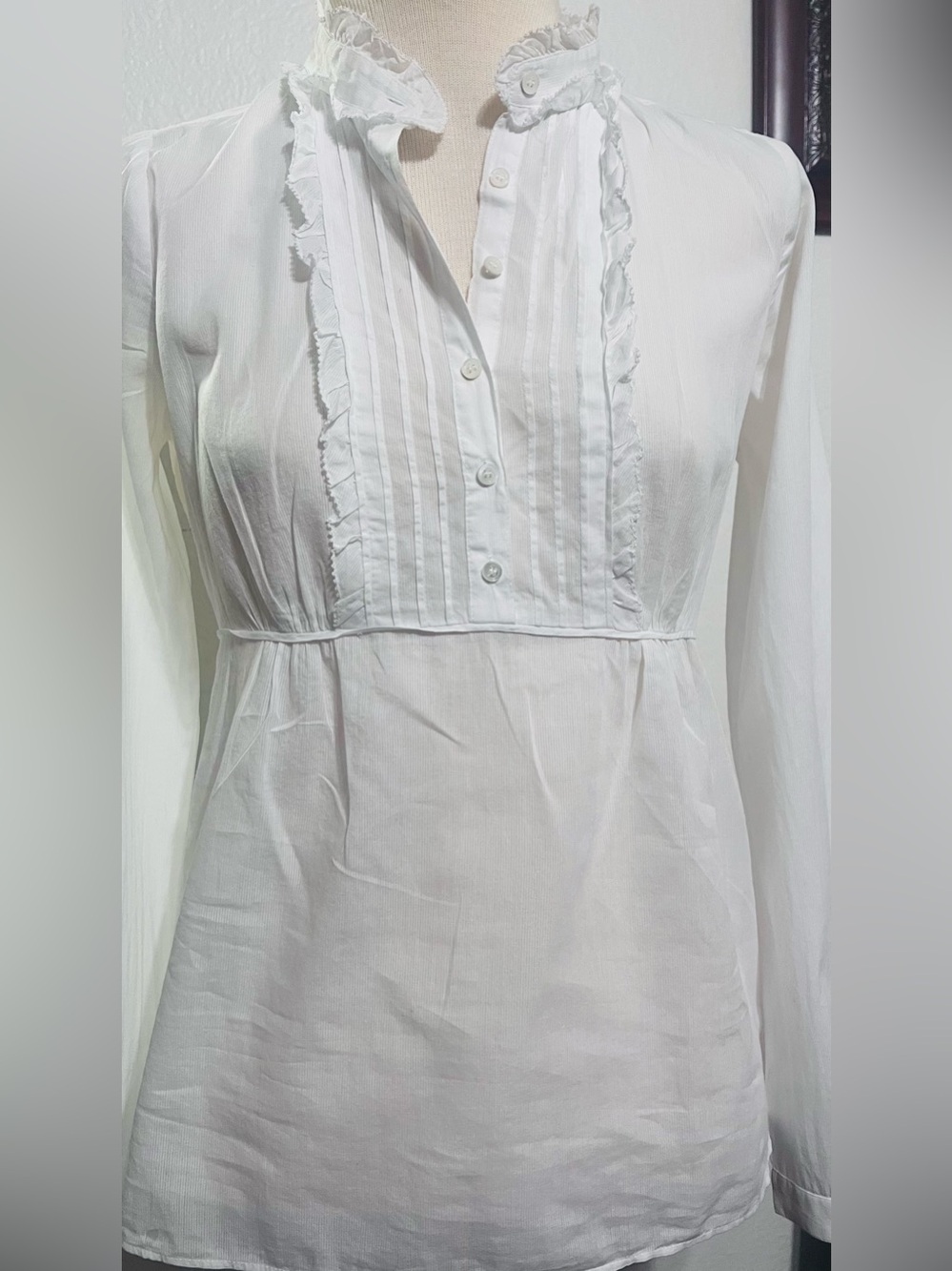 J. Crew White Ruffled Pintuck Button-Down Blouse